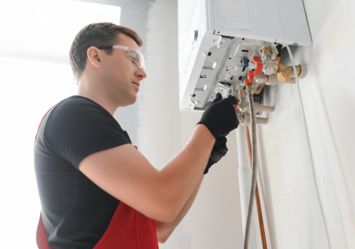 Hände eines Anlagenmechanikers bei der Arbeit an einer Heizungsanlage